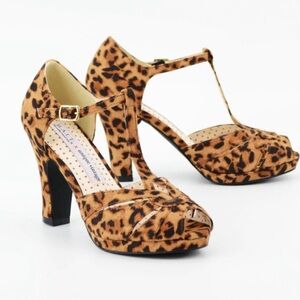 B.A.I.T. Footwear x Unique Vintage Leopard Print Lacey T-Strap Heels